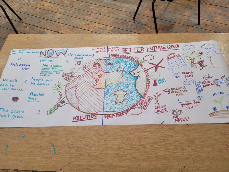 A photograph of a picture drawn in two parts. One side is planet earth now and one side is the better future 2050.