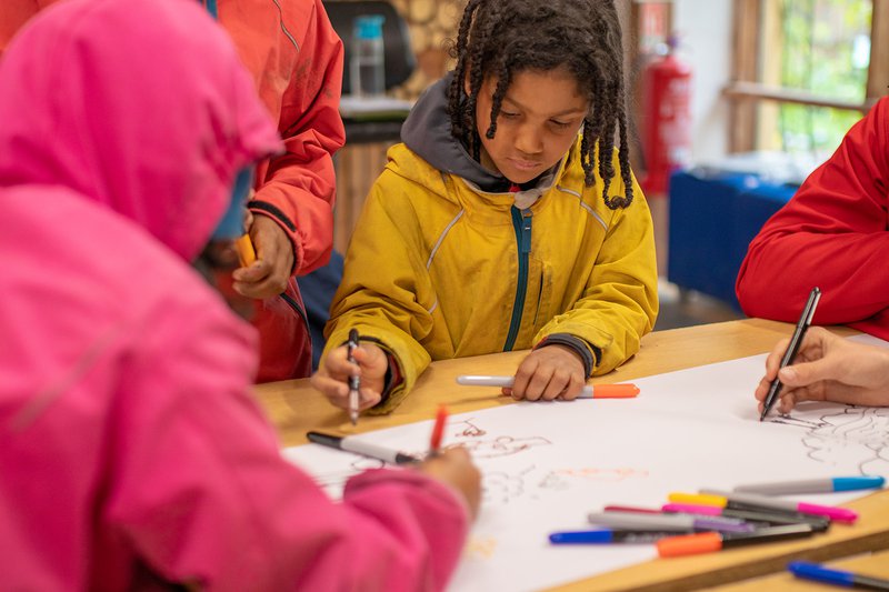 Children around a table drawing together on one large piece of paper, wearing colourful rain coats.